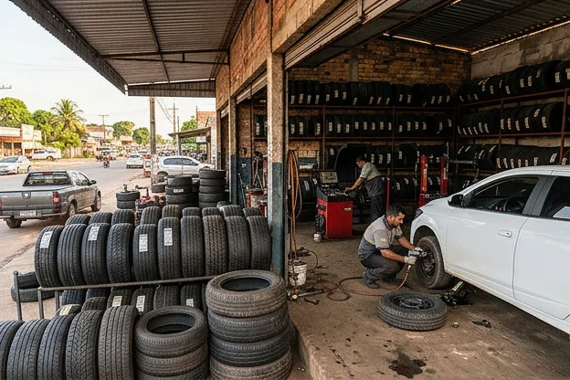 Diferentes tipos de pneus exibidos em loja especializada em Marituba.