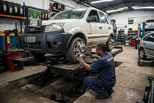 Mecânico realizando alinhamento de rodas em veículo na borracharia.