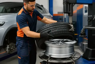Mecânico substituindo um pneu em um veículo em borracharia.